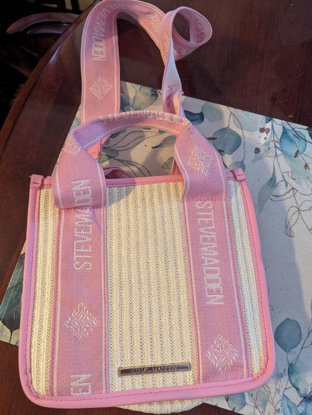Steve Madden Pink & Cream Woven Crossbody Tote with Branded Strap